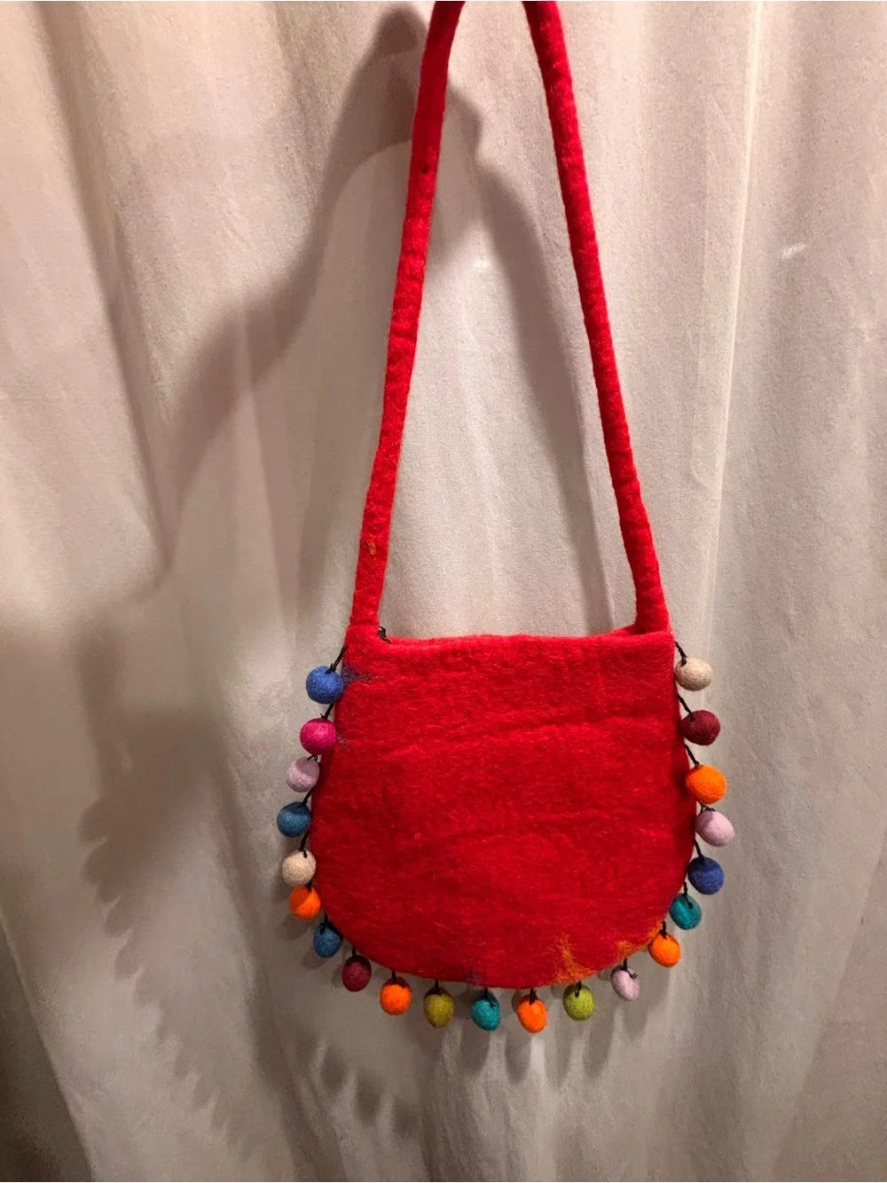 Red Floral Felt Crossbody Bag - Boho Pom-Pom Accent